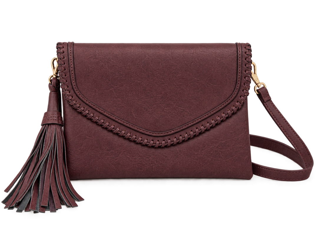 Sloane Flapover Crossbody with Whipstitch Trim - Cherry Lacquer
