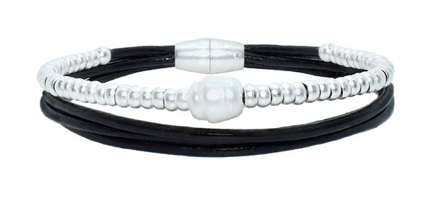 Fresh Water Pearl Multi Leather Magnetic Bracelet-Black