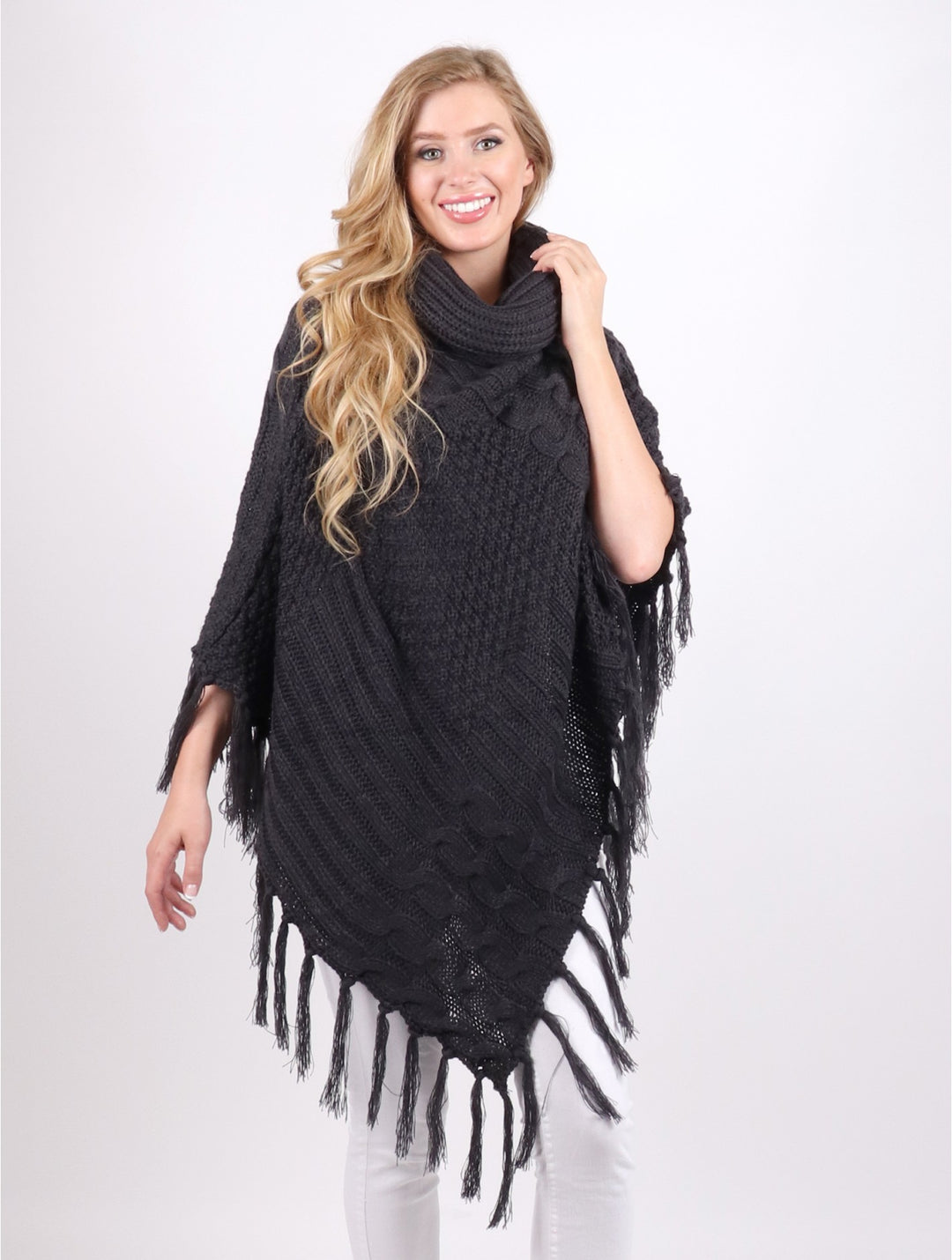 Cowl Neck Cape/Poncho With Fringes