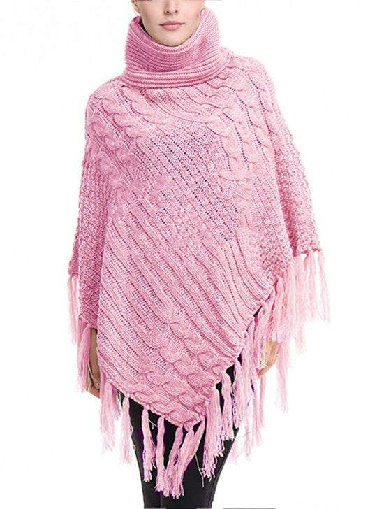 Cowl Neck Cape/Poncho With Fringes
