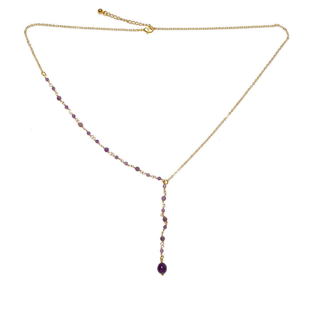 Amethyst &amp; Glass Bead Delicate Drop Necklace In Gold Plate - Purple