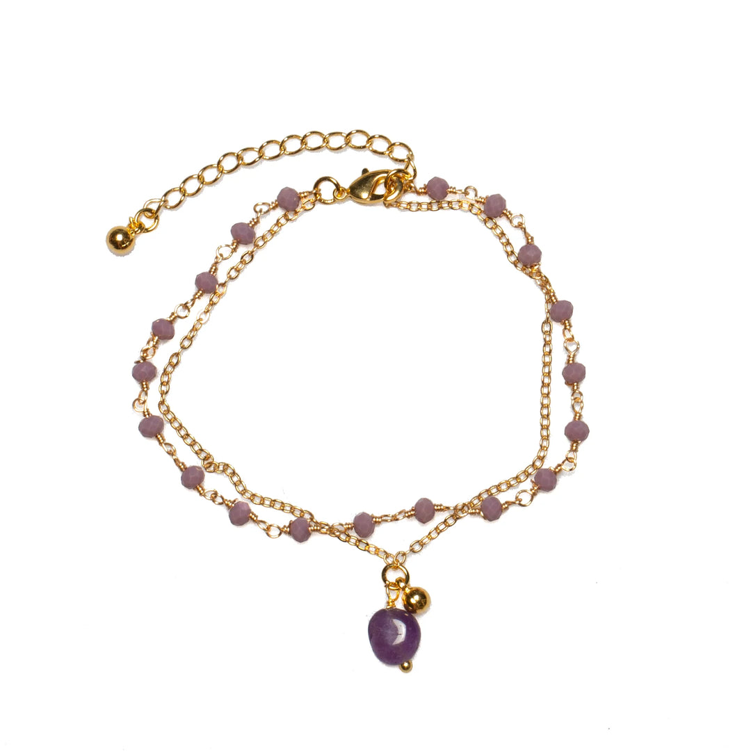 Amazonite &amp; Glass Bead Bracelet In Gold Plate - Purple