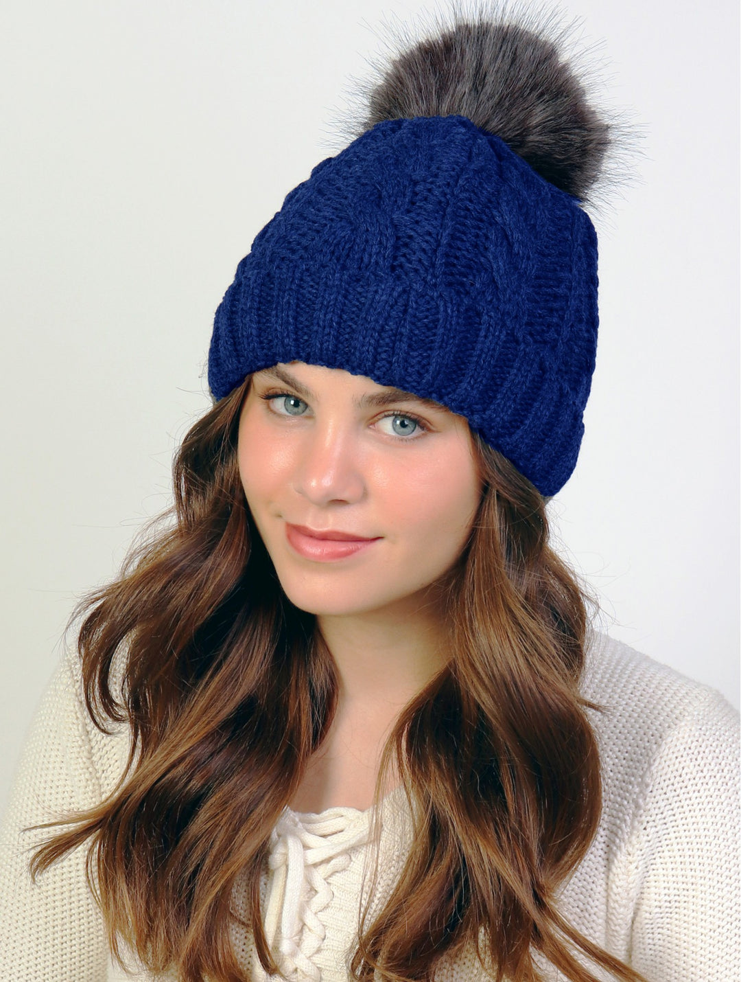Cable Knitted Camp Hat With Pompom - Navy