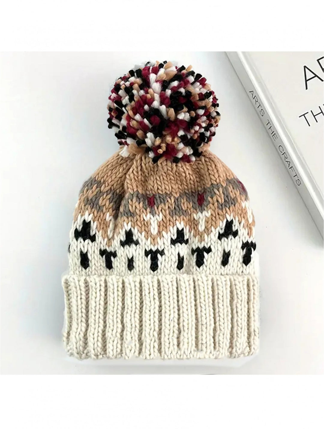 Knitted Hat With Colorful Pompom - Beige