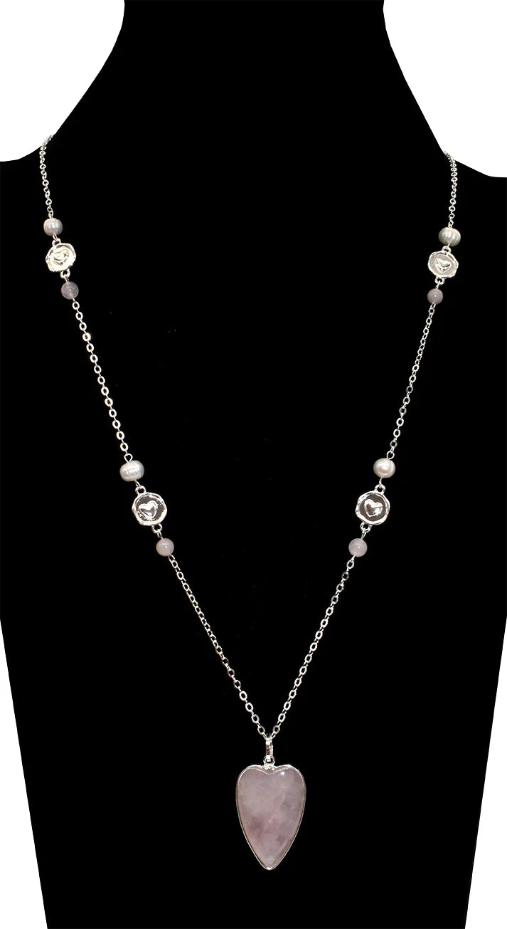 Heart Semi-Precious Stone Long Chain Necklace-Rose Quartz