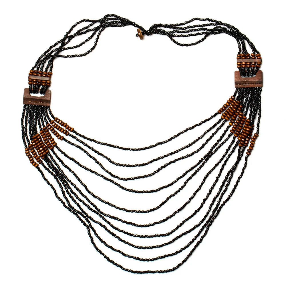 Long Multi Strand Necklace With Wood Detail
