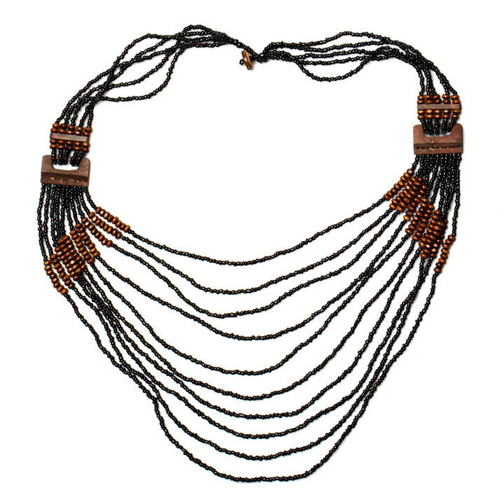 Long Multi Strand Necklace With Wood Detail
