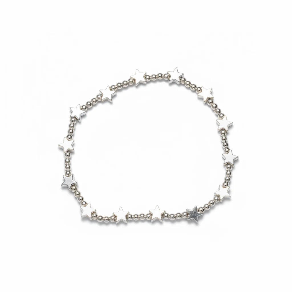 Elasticated Star Bracelet In Silver Plate