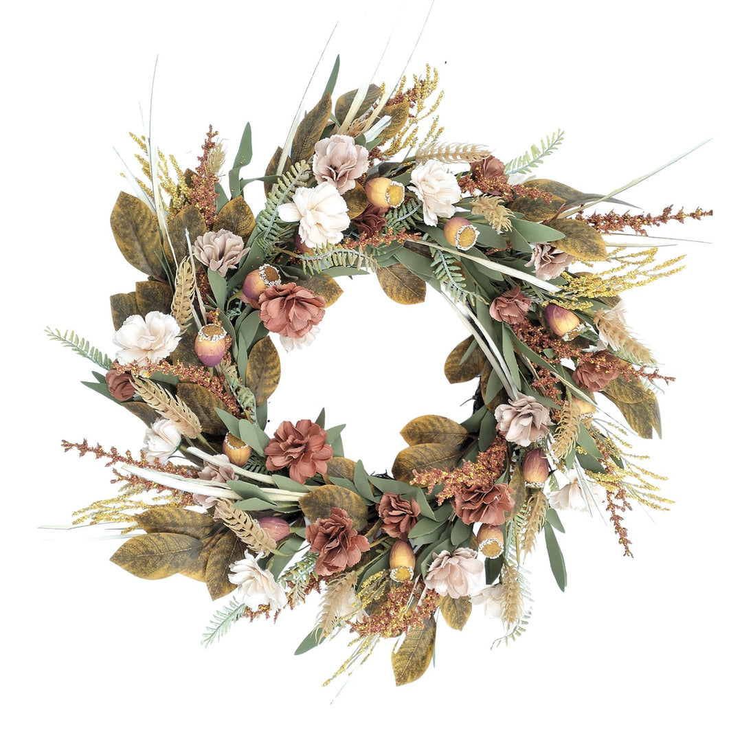 Decorative wreath with flowers and leaves on a white background