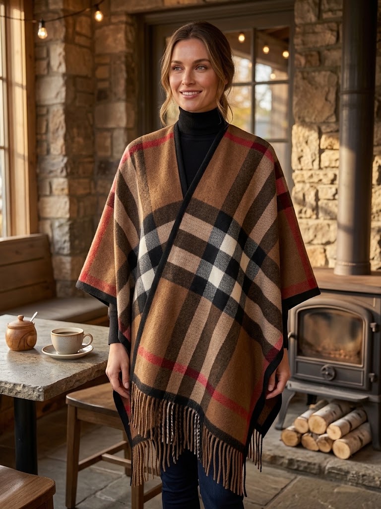 Premium Soft Abstract Patterned Cape With Fringes - Brown