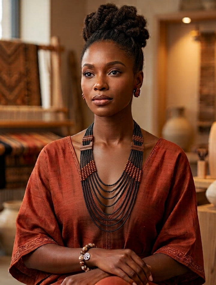 Long Multi Strand Necklace With Wood Detail