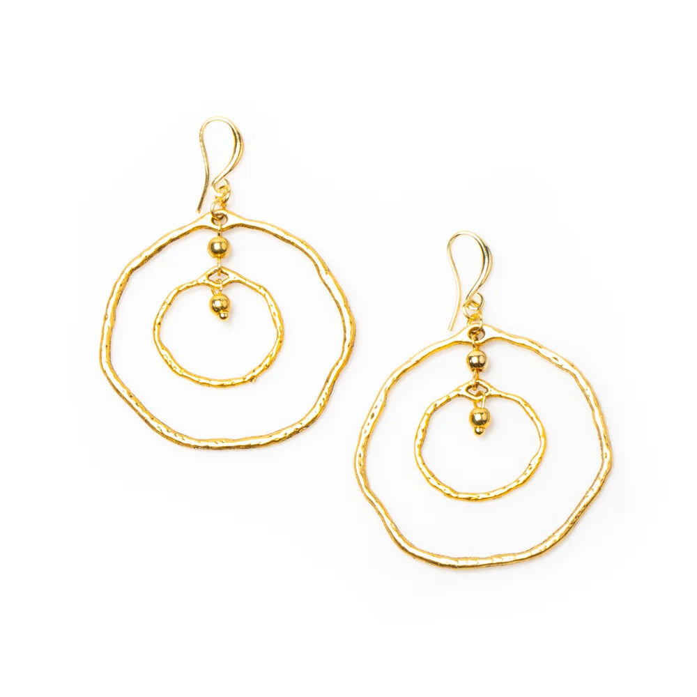 Beaten Double Ring Earring In Gold Plate