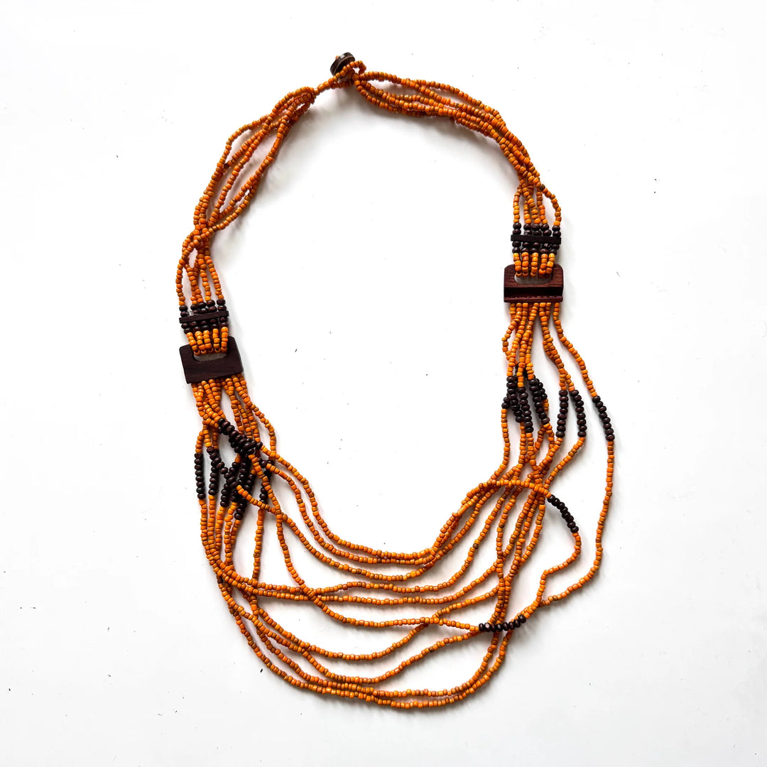 Beaded Necklace with Wood Detail - Orange