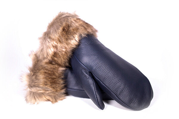 Deerskin Leather Mitt with Faux Fur Trim - Denim Blue